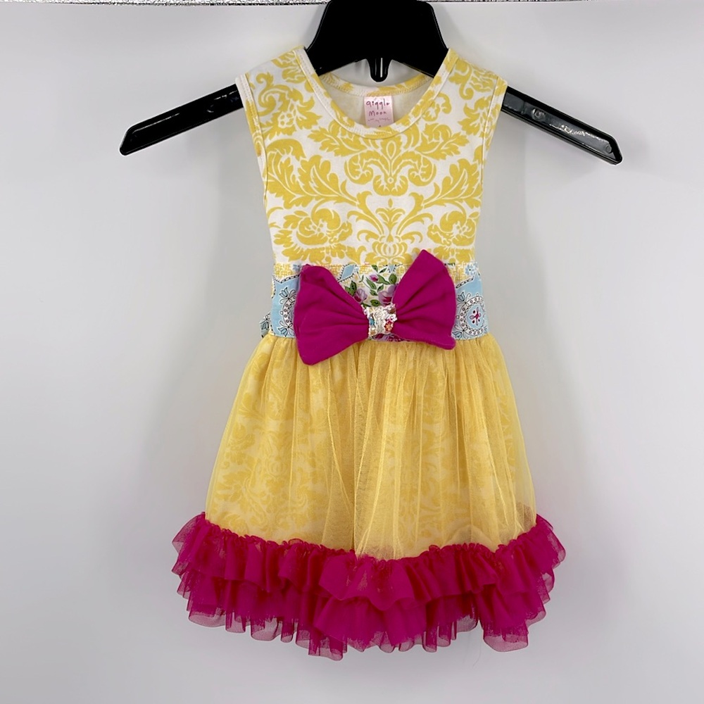 Giggle Moon yellow pink mesh floral bow ruffle dress Size 4